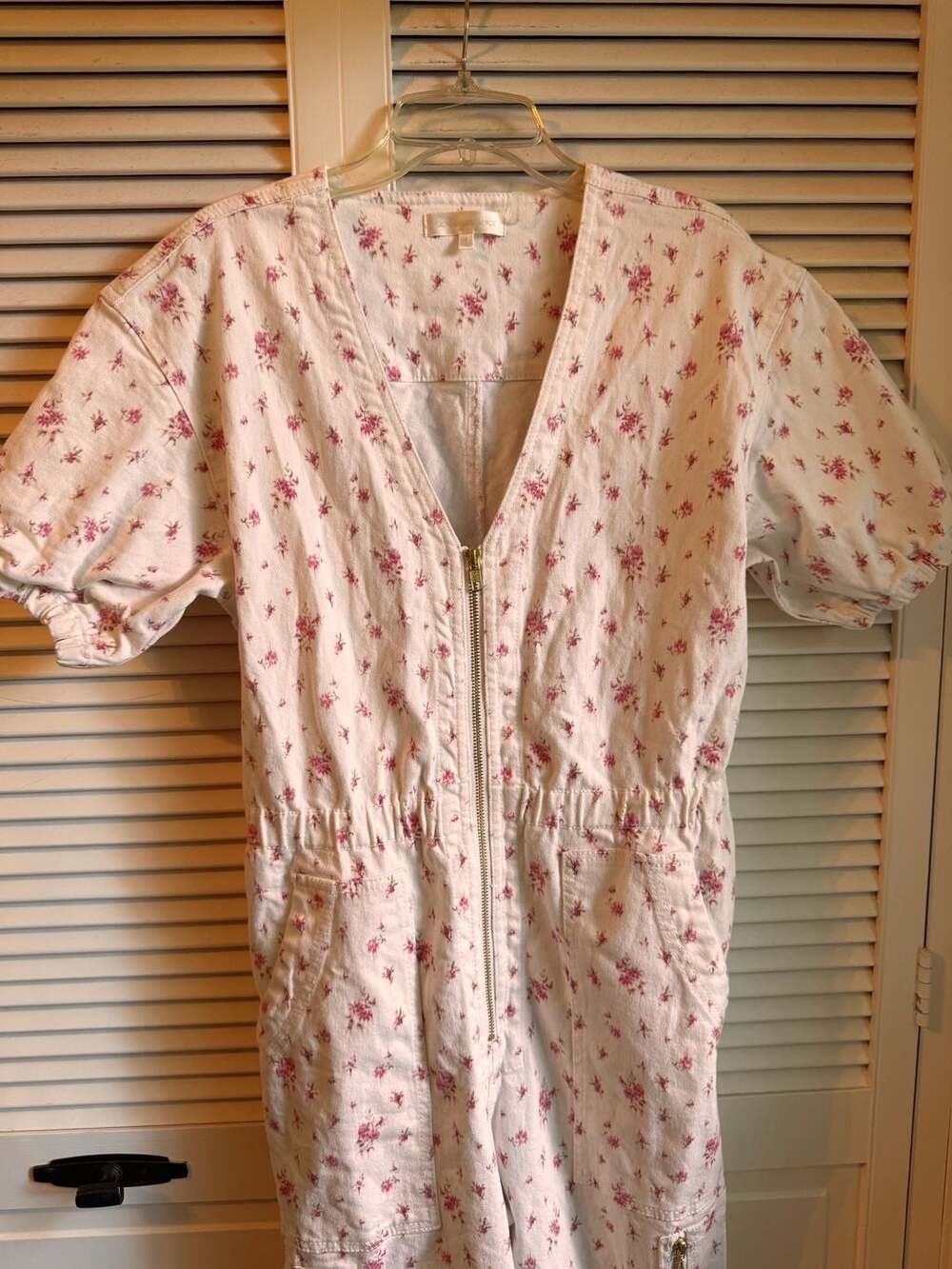 LoveShackFancy Jumpsuit Size S White Pink Floral Denim Zip Romper